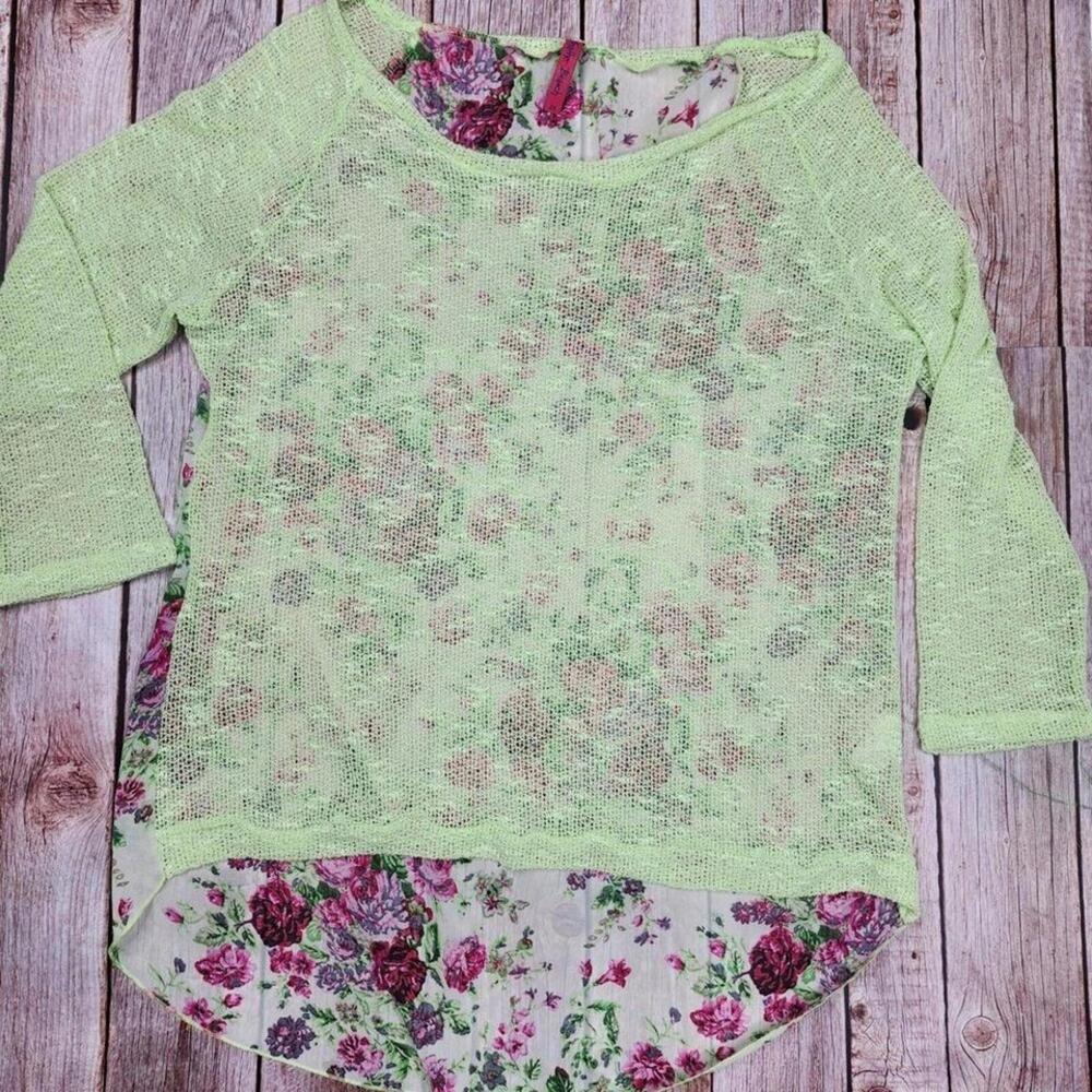 Feather Branch Women's 3/4 Sleeve Sheer Green Mesh Floral Blouse Size 2X